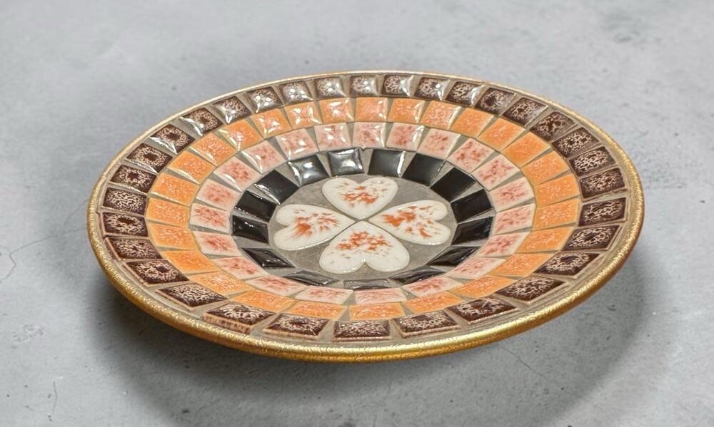 Colorful Modern Mosaic Tile Trinket Dish With Gold Trim & Gold Base